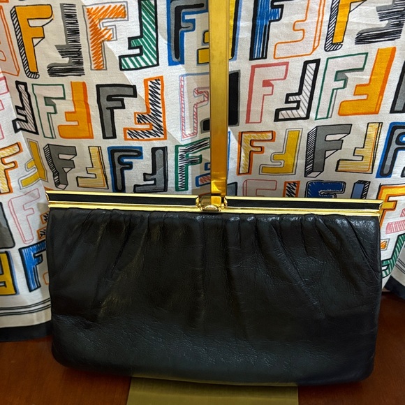 Vintage Etra Black Leather Clutch with Gold Accents - Picture 5 of 5